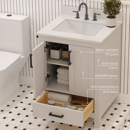 Rooh 24 Inch Solid Wood Bathroom Vanity with Undermount single Rectangle sink & White Quartz countertop 0.75 inch edge in white