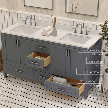 Rooh 60 Inch Solid Wood Bathroom Vanity with Undermount double Rectangle sinks & White Quartz countertop 0.75 inch edge in white