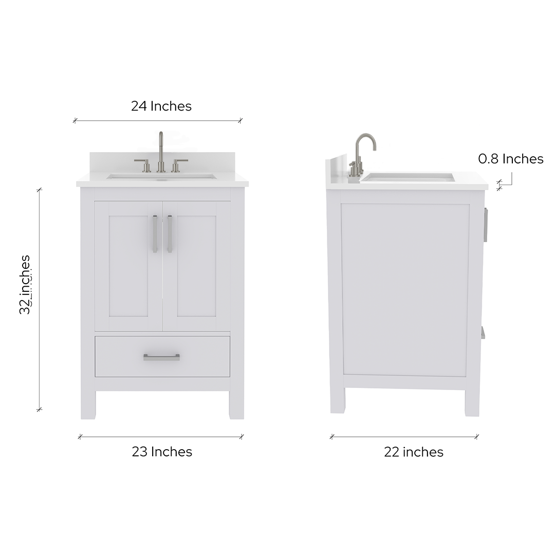 Rooh 24 Inch Solid Wood Bathroom Vanity with Undermount single Rectangle sink & White Quartz countertop 0.75 inch edge in white