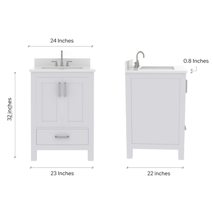 Rooh 24 Inch Solid Wood Bathroom Vanity with Undermount single Rectangle sink & White Quartz countertop 0.75 inch edge in white