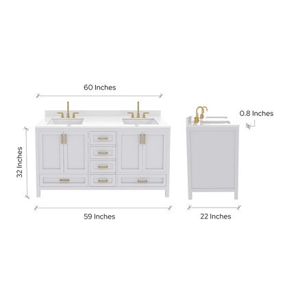 Rooh 60 Inch Solid Wood Bathroom Vanity with Undermount double Rectangle sinks & White Quartz countertop 0.75 inch edge in white