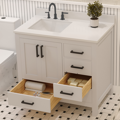 Rooh 36 Inch Left Solid Wood Single Bathroom Vanity with Undermount single Rectangle sink & White Quartz countertop 0.75 inch edge in white