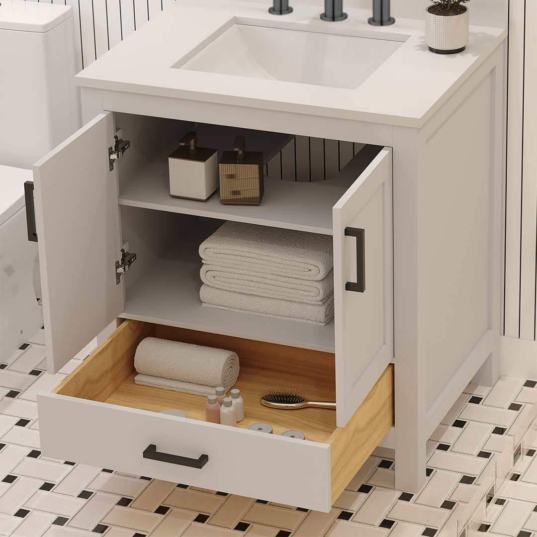 Rooh 30 Inch Solid Wood Bathroom Vanity with Undermount single Rectangle sink & White Quartz countertop 0.75 inch edge in white