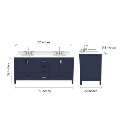 Rooh 72 Inch Solid Wood Bathroom Vanity with Undermount double Rectangle sinks & White Quartz countertop 0.75 inch edge in white