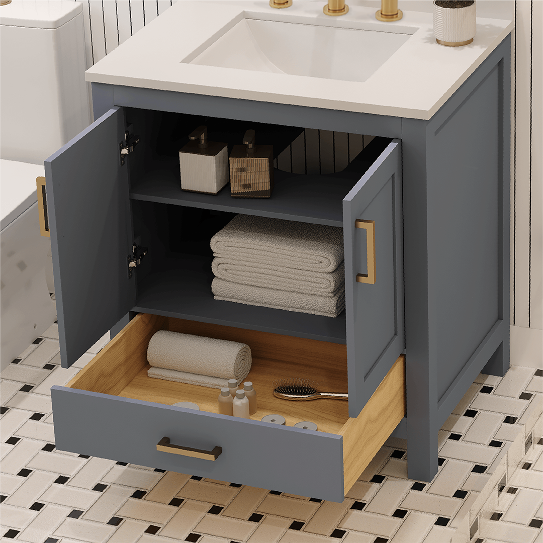 Rooh 30 Inch Solid Wood Bathroom Vanity with Undermount single Rectangle sink & White Quartz countertop 0.75 inch edge in white