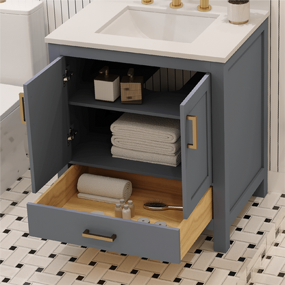 Rooh 30 Inch Solid Wood Bathroom Vanity with Undermount single Rectangle sink & White Quartz countertop 0.75 inch edge in white