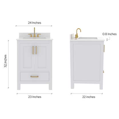 Rooh 24 Inch Solid Wood Bathroom Vanity with Undermount single Rectangle sink & White Quartz countertop 0.75 inch edge in white