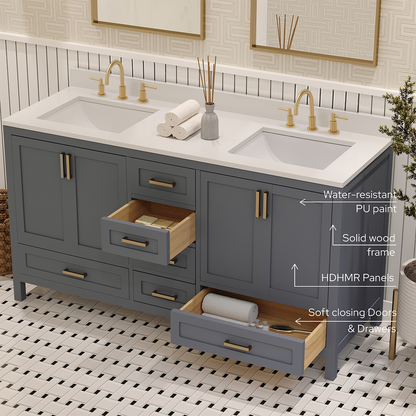 Rooh 60 Inch Solid Wood Bathroom Vanity with Undermount double Rectangle sinks & White Quartz countertop 0.75 inch edge in white