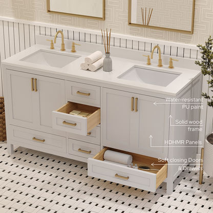 Rooh 60 Inch Solid Wood Bathroom Vanity with Undermount double Rectangle sinks & White Quartz countertop 0.75 inch edge in white