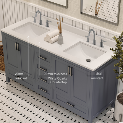 Rooh 60 Inch Solid Wood Bathroom Vanity with Undermount double Rectangle sinks & White Quartz countertop 0.75 inch edge in white