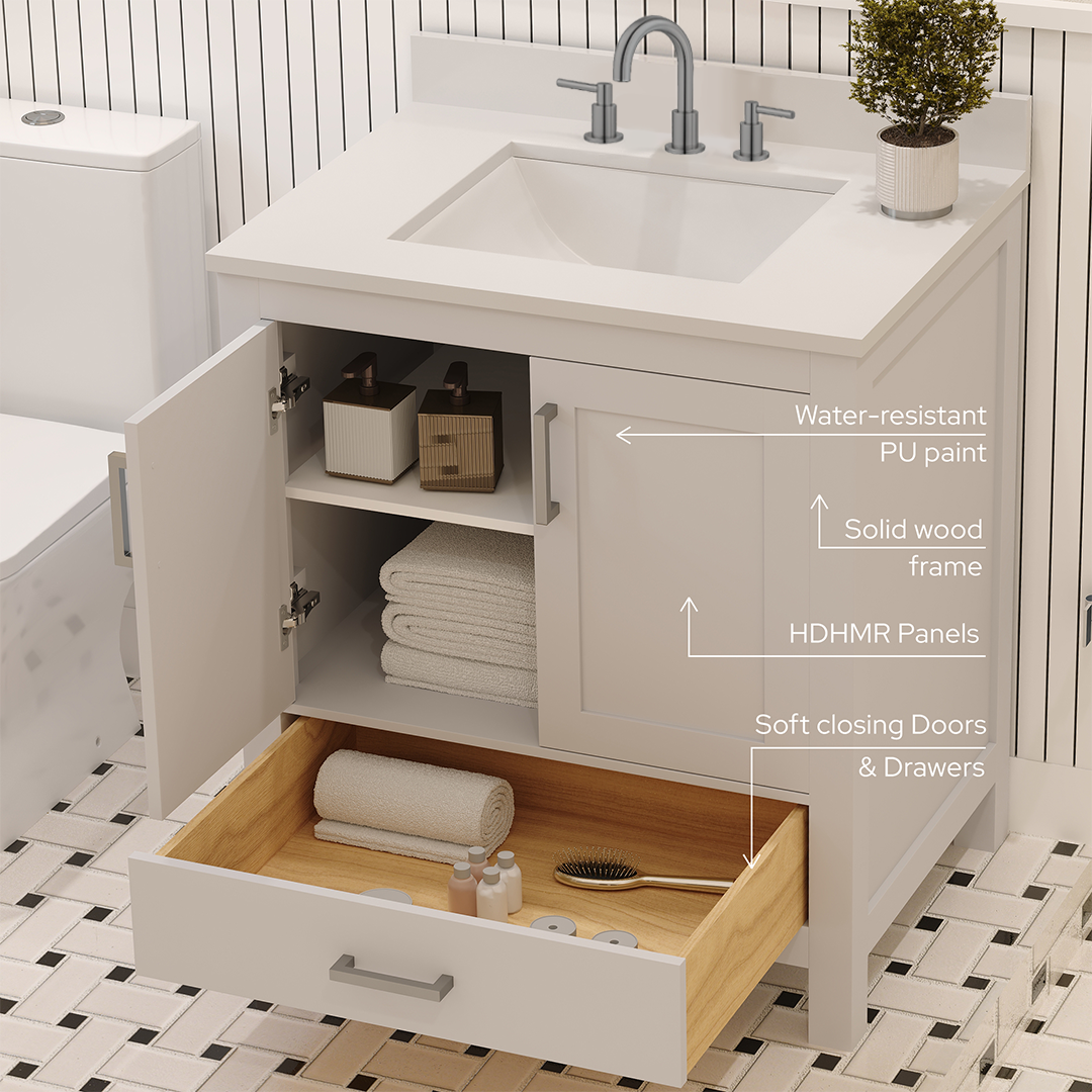 Rooh 30 Inch Solid Wood Bathroom Vanity with Undermount single Rectangle sink & White Quartz countertop 0.75 inch edge in white