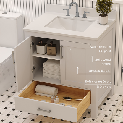 Rooh 30 Inch Solid Wood Bathroom Vanity with Undermount single Rectangle sink & White Quartz countertop 0.75 inch edge in white