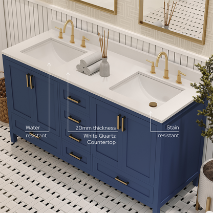 Rooh 60 Inch Solid Wood Bathroom Vanity with Undermount double Rectangle sinks & White Quartz countertop 0.75 inch edge in white