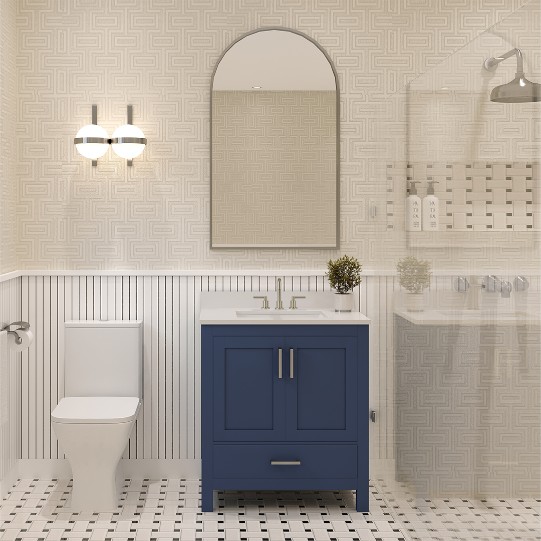Rooh 30 Inch Solid Wood Bathroom Vanity with Undermount single Rectangle sink & White Quartz countertop 0.75 inch edge in white