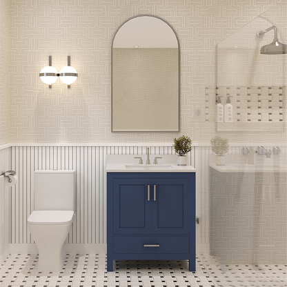 Rooh 30 Inch Solid Wood Bathroom Vanity with Undermount single Rectangle sink & White Quartz countertop 0.75 inch edge in white