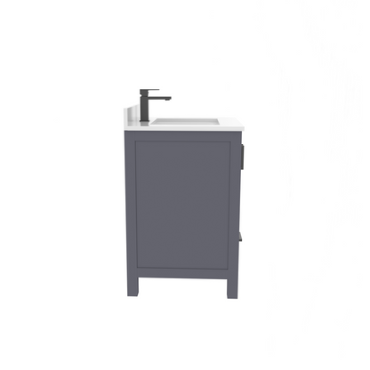 Rooh 30 Inch Solid Wood Bathroom Vanity with Undermount single Rectangle sink & White Quartz countertop 0.75 inch edge in white