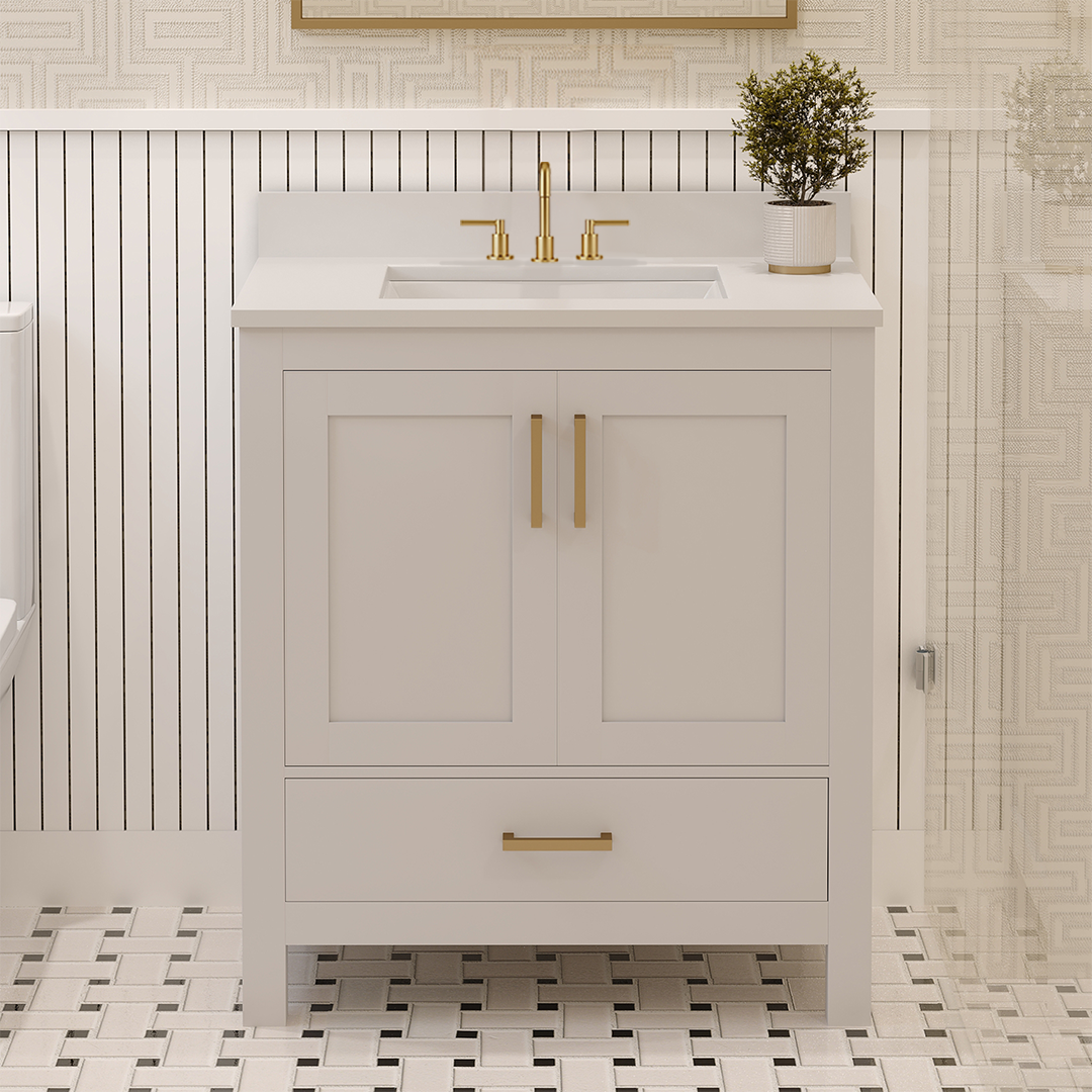 Rooh 30 Inch Solid Wood Bathroom Vanity with Undermount single Rectangle sink & White Quartz countertop 0.75 inch edge in white