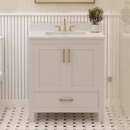 Rooh 30 Inch Solid Wood Bathroom Vanity with Undermount single Rectangle sink & White Quartz countertop 0.75 inch edge in white