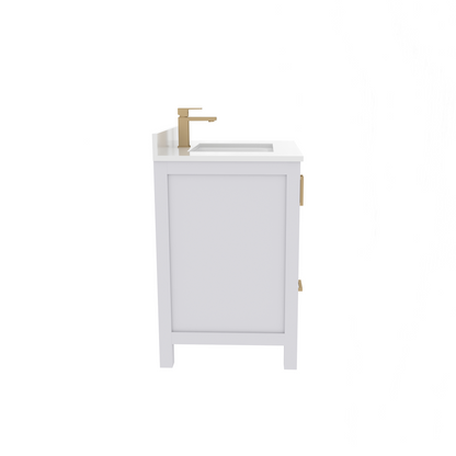 Rooh 30 Inch Solid Wood Bathroom Vanity with Undermount single Rectangle sink & White Quartz countertop 0.75 inch edge in white