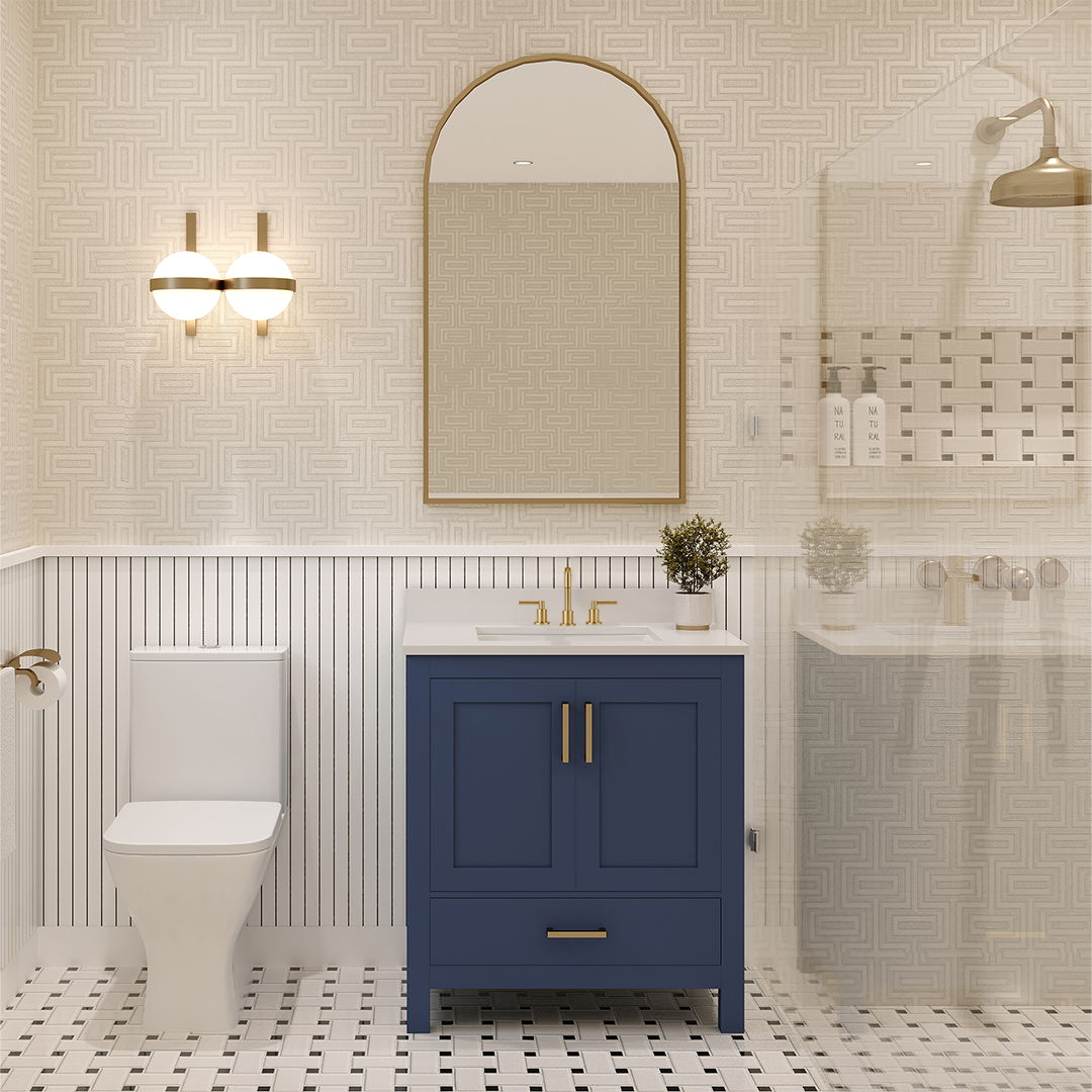 Rooh 30 Inch Solid Wood Bathroom Vanity with Undermount single Rectangle sink & White Quartz countertop 0.75 inch edge in white
