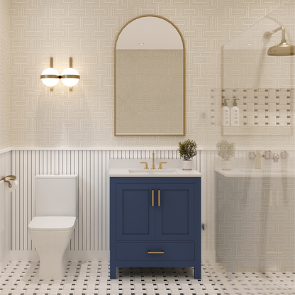 Rooh 30 Inch Solid Wood Bathroom Vanity with Undermount single Rectangle sink & White Quartz countertop 0.75 inch edge in white