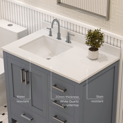 Rooh 36 Inch Left Solid Wood Single Bathroom Vanity with Undermount single Rectangle sink & White Quartz countertop 0.75 inch edge in white