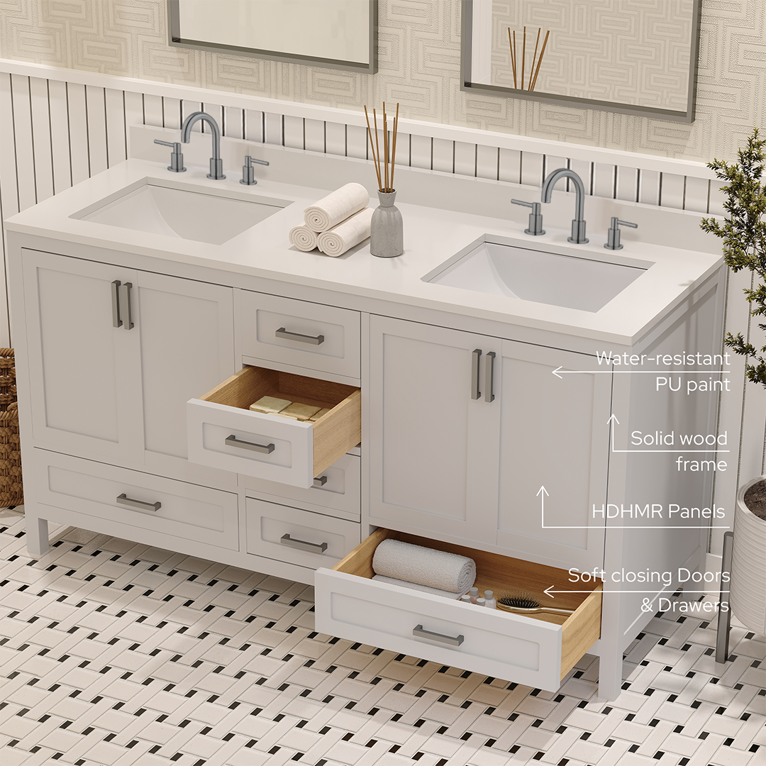Rooh 60 Inch Solid Wood Bathroom Vanity with Undermount double Rectangle sinks & White Quartz countertop 0.75 inch edge in white