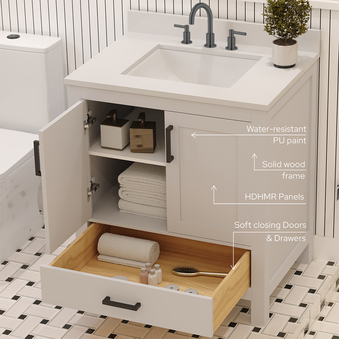 Rooh 30 Inch Solid Wood Bathroom Vanity with Undermount single Rectangle sink & White Quartz countertop 0.75 inch edge in white