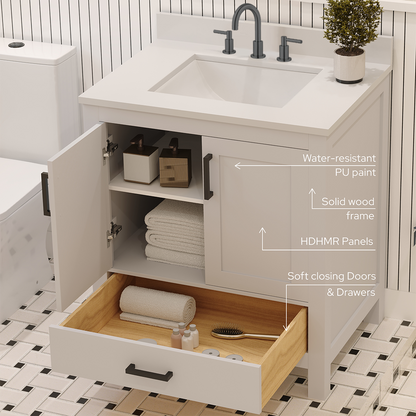 Rooh 30 Inch Solid Wood Bathroom Vanity with Undermount single Rectangle sink & White Quartz countertop 0.75 inch edge in white