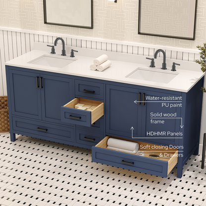 Rooh 72 Inch Solid Wood Bathroom Vanity with Undermount double Rectangle sinks & White Quartz countertop 0.75 inch edge in white