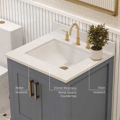 Rooh 24 Inch Solid Wood Bathroom Vanity with Undermount single Rectangle sink & White Quartz countertop 0.75 inch edge in white