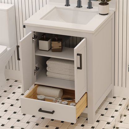 Rooh 24 Inch Solid Wood Bathroom Vanity with Undermount single Rectangle sink & White Quartz countertop 0.75 inch edge in white