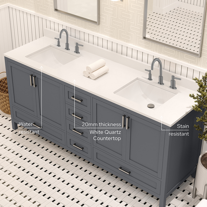 Rooh 72 Inch Solid Wood Bathroom Vanity with Undermount double Rectangle sinks & White Quartz countertop 0.75 inch edge in white