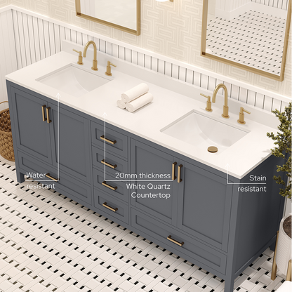 Rooh 72 Inch Solid Wood Bathroom Vanity with Undermount double Rectangle sinks & White Quartz countertop 0.75 inch edge in white