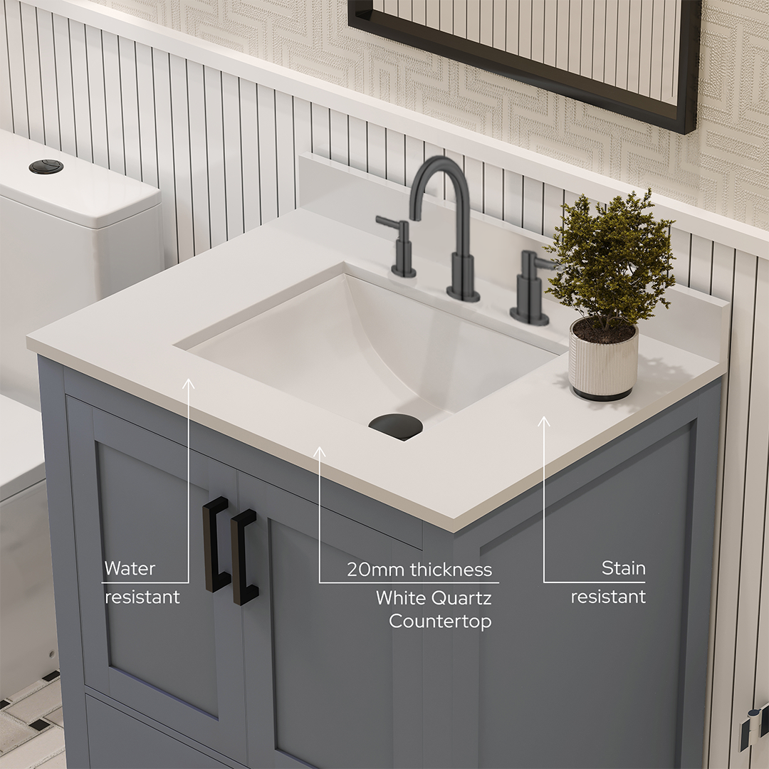 Rooh 30 Inch Solid Wood Bathroom Vanity with Undermount single Rectangle sink & White Quartz countertop 0.75 inch edge in white