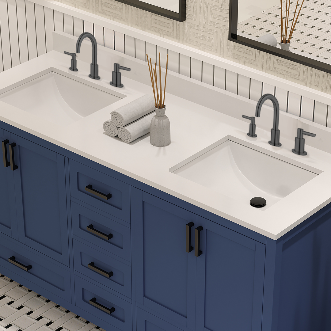 Rooh 60 Inch Solid Wood Bathroom Vanity with Undermount double Rectangle sinks & White Quartz countertop 0.75 inch edge in white