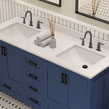 Rooh 60 Inch Solid Wood Bathroom Vanity with Undermount double Rectangle sinks & White Quartz countertop 0.75 inch edge in white