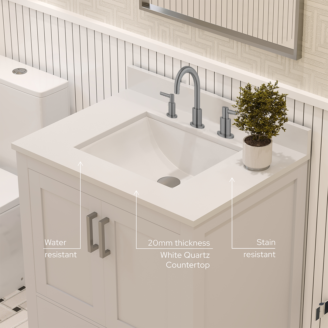 Rooh 30 Inch Solid Wood Bathroom Vanity with Undermount single Rectangle sink & White Quartz countertop 0.75 inch edge in white