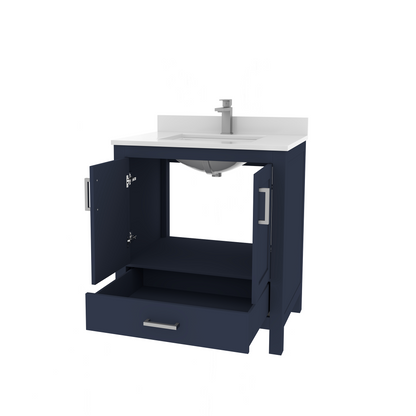 Rooh 30 Inch Solid Wood Bathroom Vanity with Undermount single Rectangle sink & White Quartz countertop 0.75 inch edge in white