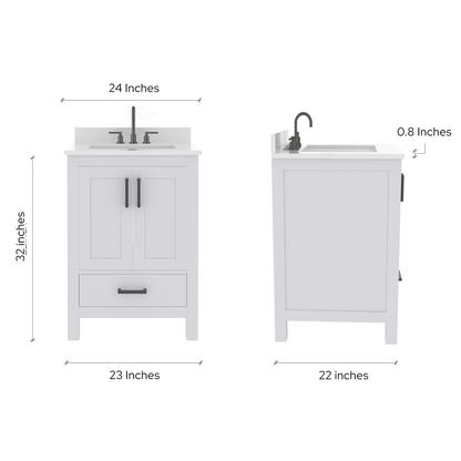Rooh 24 Inch Solid Wood Bathroom Vanity with Undermount single Rectangle sink & White Quartz countertop 0.75 inch edge in white