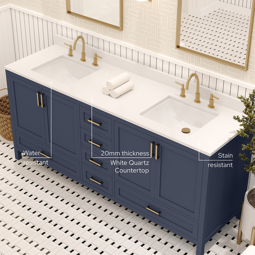 Rooh 72 Inch Solid Wood Bathroom Vanity with Undermount double Rectangle sinks & White Quartz countertop 0.75 inch edge in white