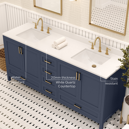 Rooh 72 Inch Solid Wood Bathroom Vanity with Undermount double Rectangle sinks & White Quartz countertop 0.75 inch edge in white