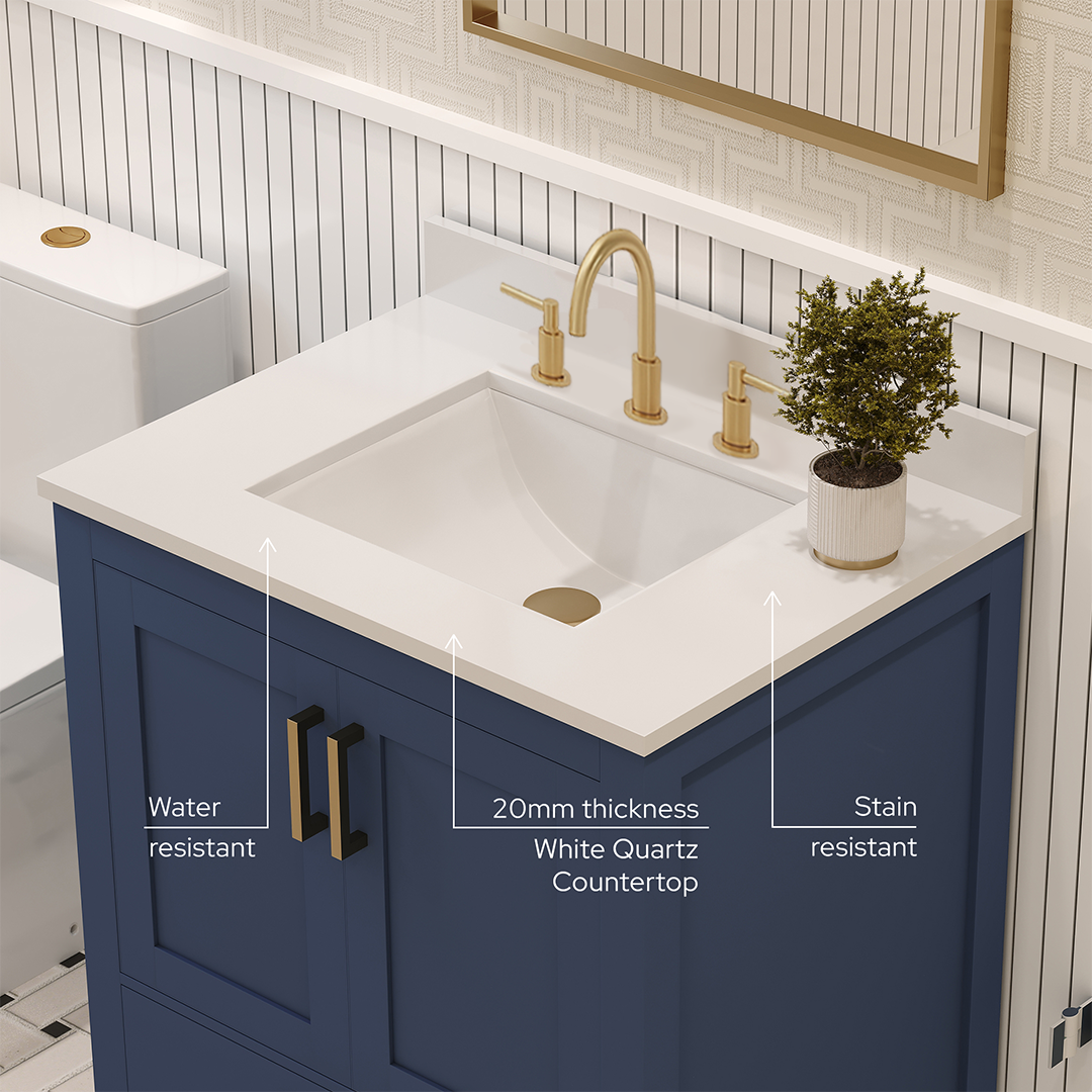 Rooh 30 Inch Solid Wood Bathroom Vanity with Undermount single Rectangle sink & White Quartz countertop 0.75 inch edge in white