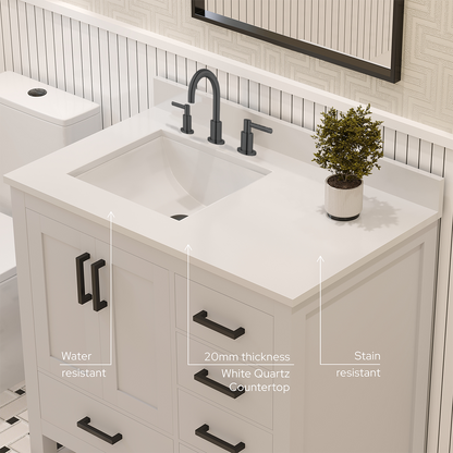 Rooh 36 Inch Left Solid Wood Single Bathroom Vanity with Undermount single Rectangle sink & White Quartz countertop 0.75 inch edge in white