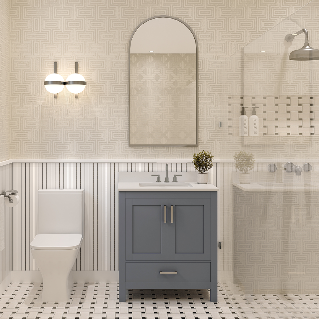 Rooh 30 Inch Solid Wood Bathroom Vanity with Undermount single Rectangle sink & White Quartz countertop 0.75 inch edge in white