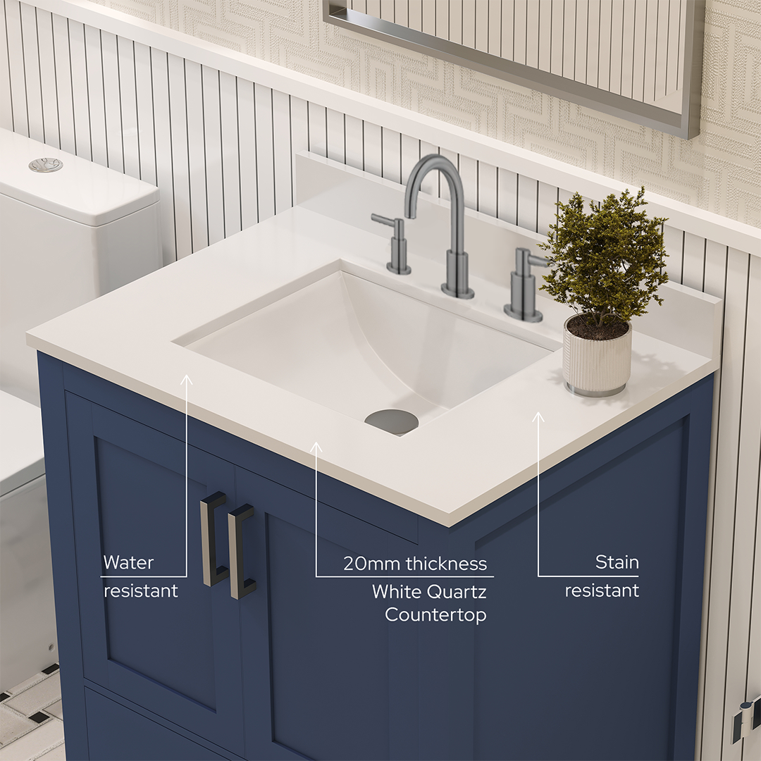 Rooh 30 Inch Solid Wood Bathroom Vanity with Undermount single Rectangle sink & White Quartz countertop 0.75 inch edge in white