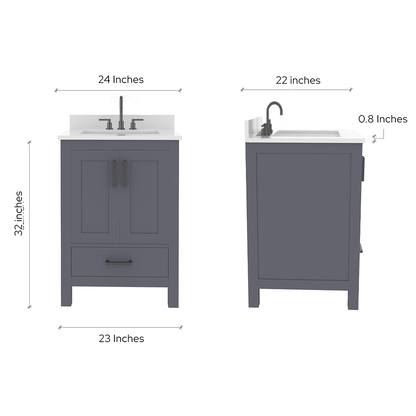Rooh 24 Inch Solid Wood Bathroom Vanity with Undermount single Rectangle sink & White Quartz countertop 0.75 inch edge in white