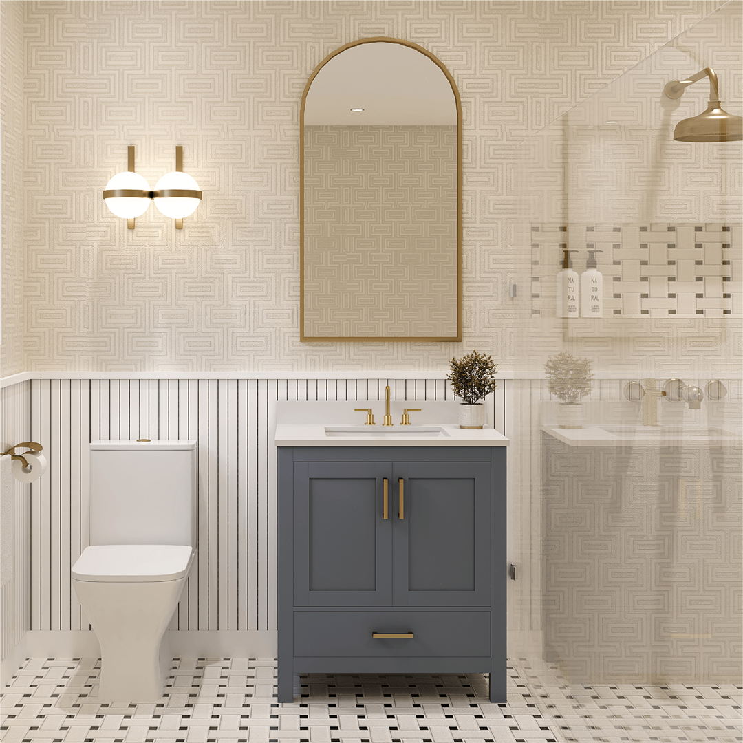 Rooh 30 Inch Solid Wood Bathroom Vanity with Undermount single Rectangle sink & White Quartz countertop 0.75 inch edge in white