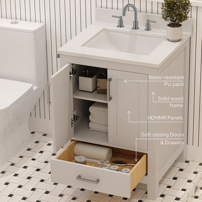 Rooh 24 Inch Solid Wood Bathroom Vanity with Undermount single Rectangle sink & White Quartz countertop 0.75 inch edge in white