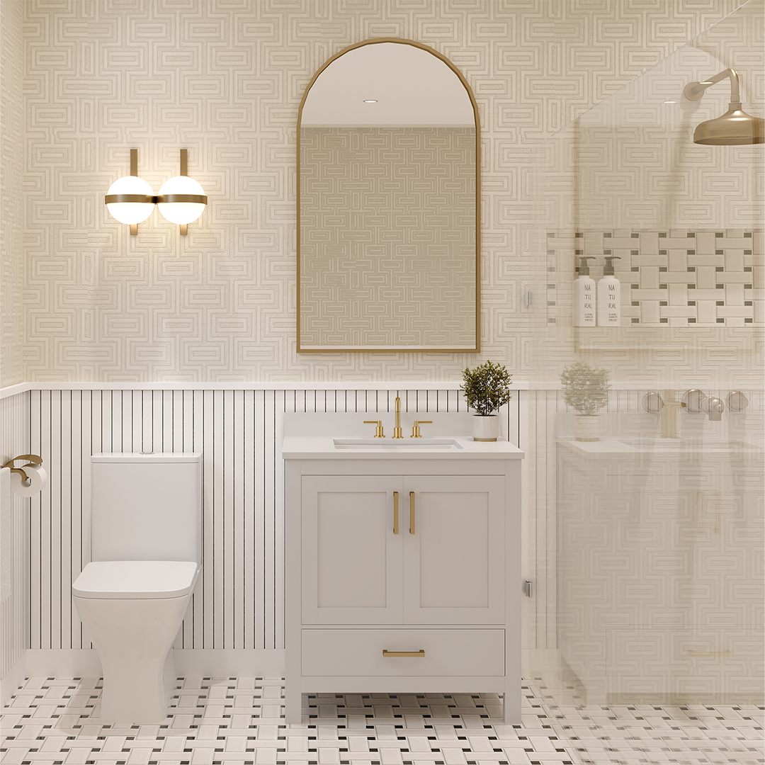 Rooh 30 Inch Solid Wood Bathroom Vanity with Undermount single Rectangle sink & White Quartz countertop 0.75 inch edge in white